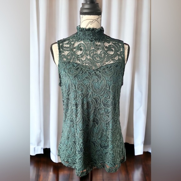 PerSeption Concept Tops - NWT Lace Overlay Lined Hunter Green Tank Sleeveless Blouse Medium PerSeption